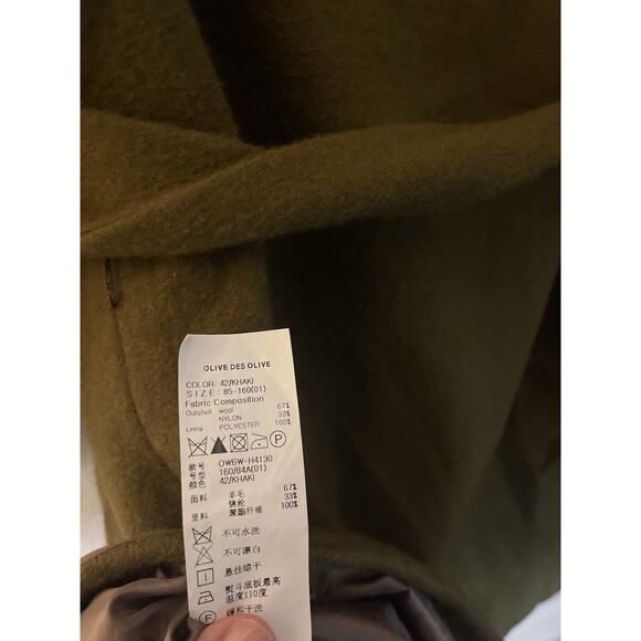 Olive Des Olive Wool Blend Coat Jacket Green Size 1 Waist Tye Korean - Picture 4 of 7